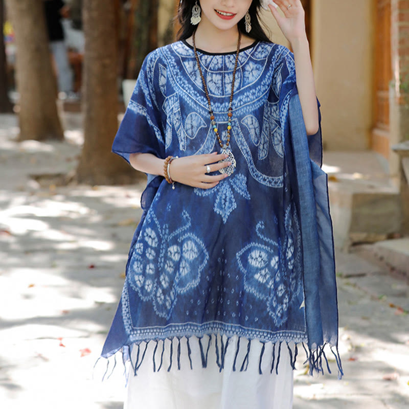 Buddha Stonesブルーバタフライ インディゴ染め ショール タッセル 着心地良い 旅行用プルオーバー 90*95cm