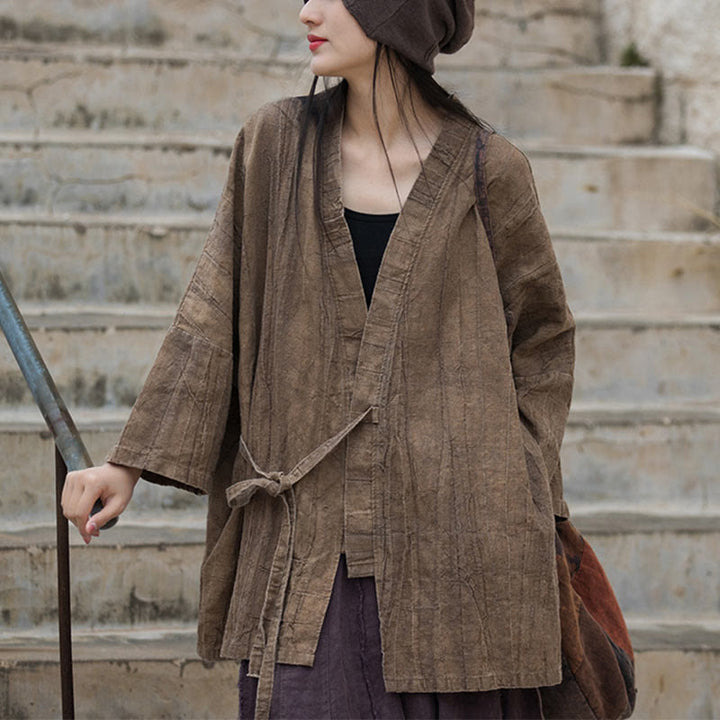 Buddha Stonesのタイダイ染めレースアップデザインコート、禅瞑想オープンフロントトップジャケット - ブラウン - US4-14、 UK/AU8-18、 EU36-46 (F)-(トップスのみ) - image 0