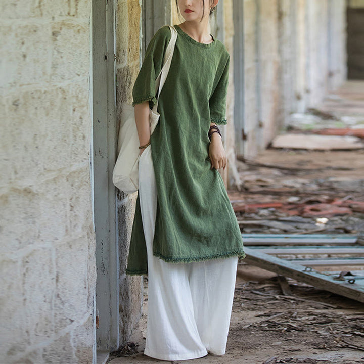 Buddha Stonesミドル丈ドレス ラミーリネン ハーフスリーブ スプリットヘム トップ Tシャツ - image 12