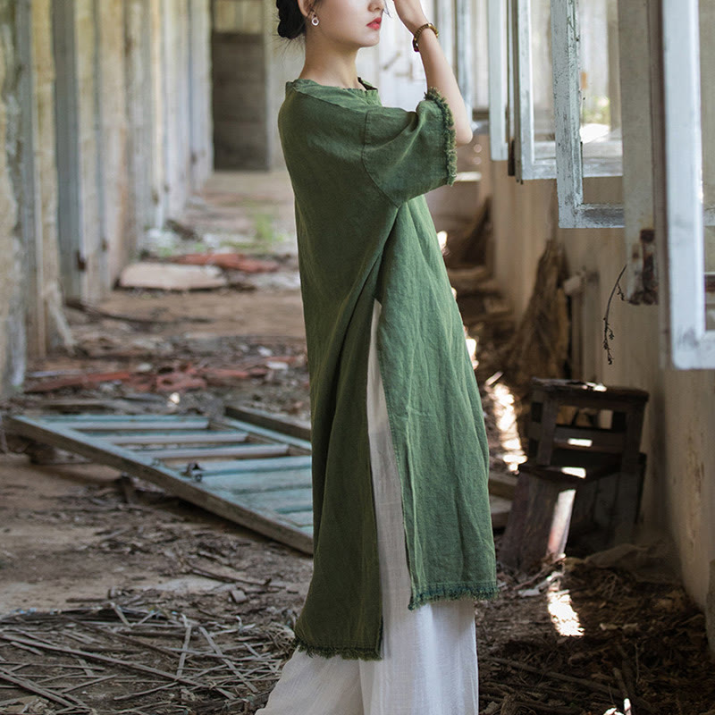 Buddha Stonesミドル丈ドレス ラミーリネン ハーフスリーブ スプリットヘム トップ Tシャツ - image 6