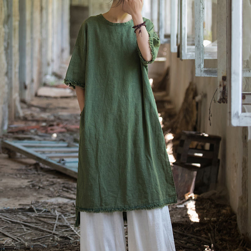 Buddha Stonesミドル丈ドレス ラミーリネン ハーフスリーブ スプリットヘム トップ Tシャツ - image 7