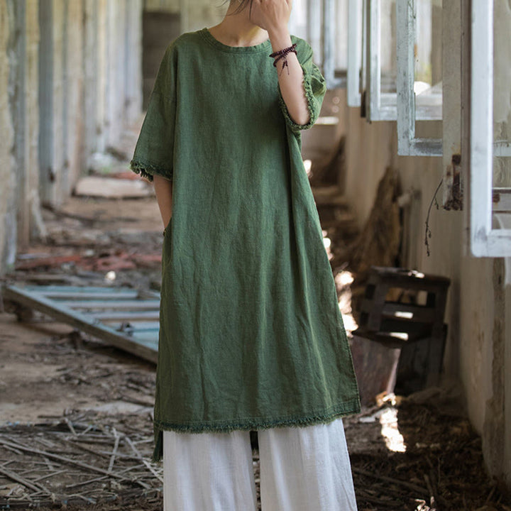 Buddha Stonesミドル丈ドレス ラミーリネン ハーフスリーブ スプリットヘム トップ Tシャツ - image 7