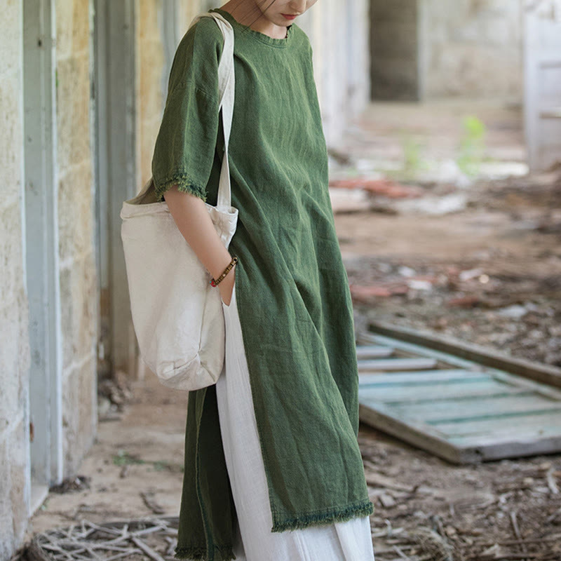 Buddha Stonesミドル丈ドレス ラミーリネン ハーフスリーブ スプリットヘム トップ Tシャツ - image 8