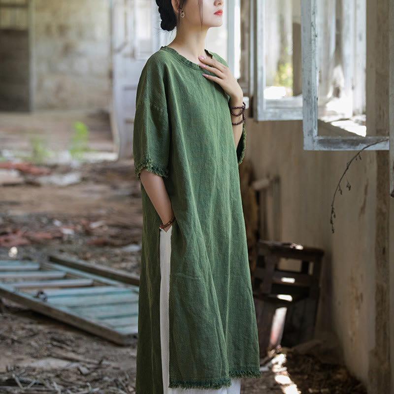 Buddha Stonesミドル丈ドレス ラミーリネン ハーフスリーブ スプリットヘム トップ Tシャツ - image 5