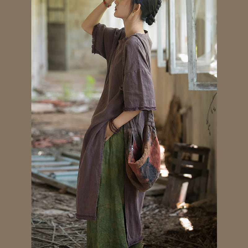 Buddha Stonesミドル丈ドレス ラミーリネン ハーフスリーブ スプリットヘム トップ Tシャツ - image 23