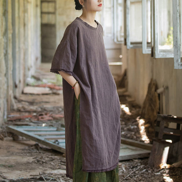 Buddha Stonesミドル丈ドレス ラミーリネン ハーフスリーブ スプリットヘム トップ Tシャツ - image 19