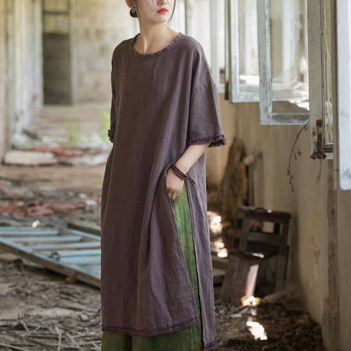 Buddha Stonesミドル丈ドレス ラミーリネン ハーフスリーブ スプリットヘム トップ Tシャツ - image 16