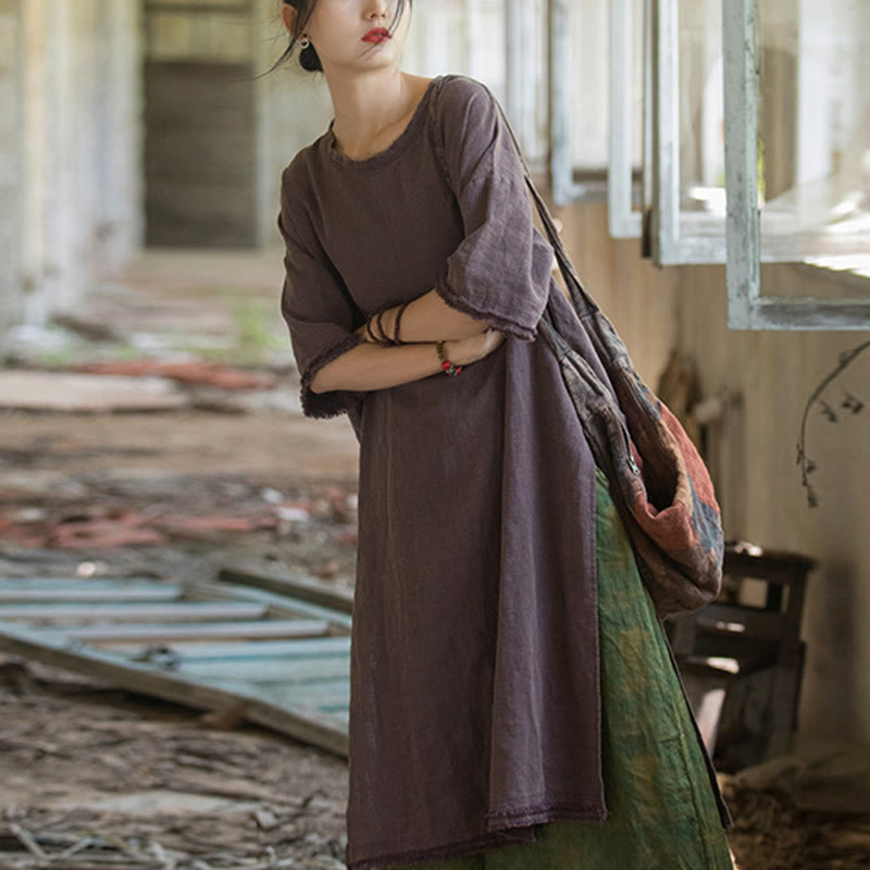 Buddha Stonesミドル丈ドレス ラミーリネン ハーフスリーブ スプリットヘム トップ Tシャツ - パープル(バスト124cm/肩幅60cm/着丈101-108cm)(ドレスのみ) - image 15