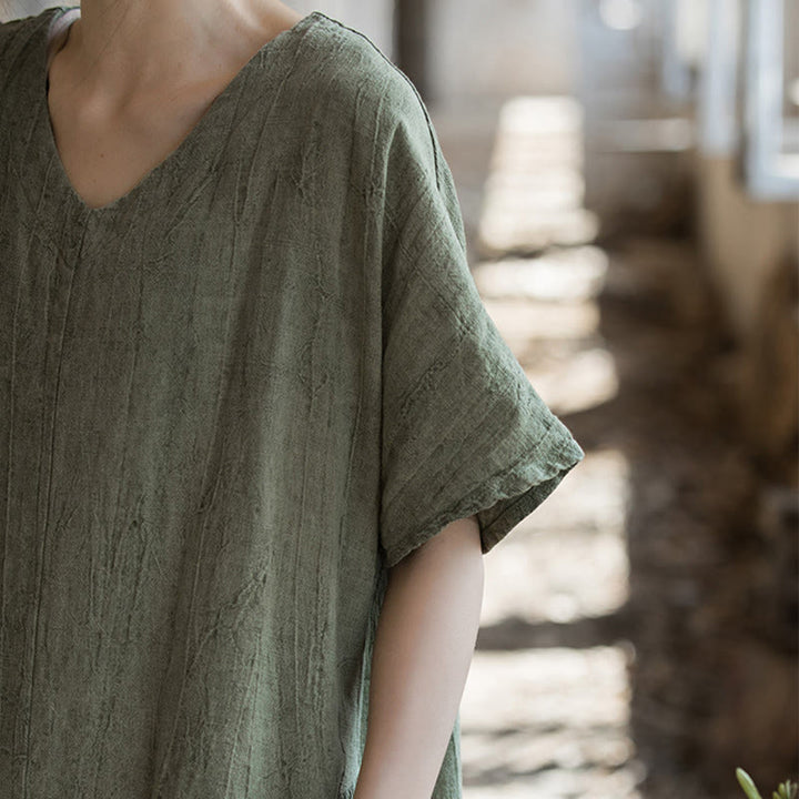 Buddha Stonesハンドメイド タイダイ Vネック ミディドレス リネン 半袖ドレス