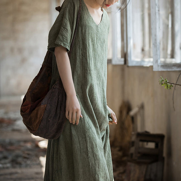 Buddha Stonesハンドメイド タイダイ Vネック ミディドレス リネン 半袖ドレス