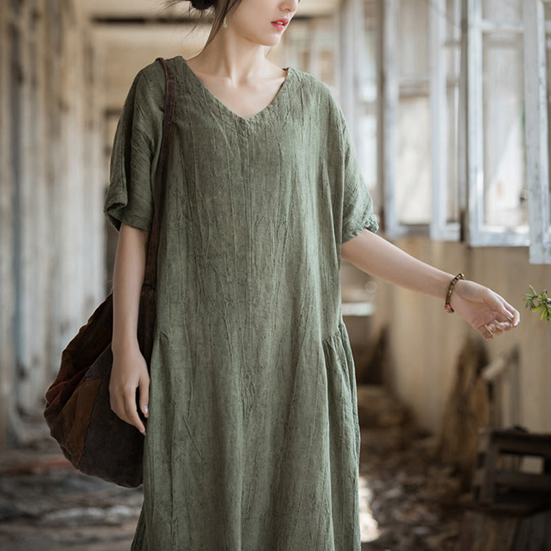 Buddha Stonesハンドメイド タイダイ Vネック ミディドレス リネン 半袖ドレス