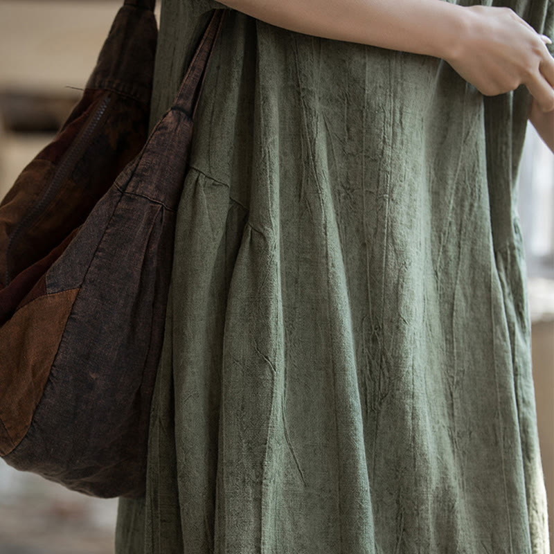 Buddha Stonesハンドメイド タイダイ Vネック ミディドレス リネン 半袖ドレス