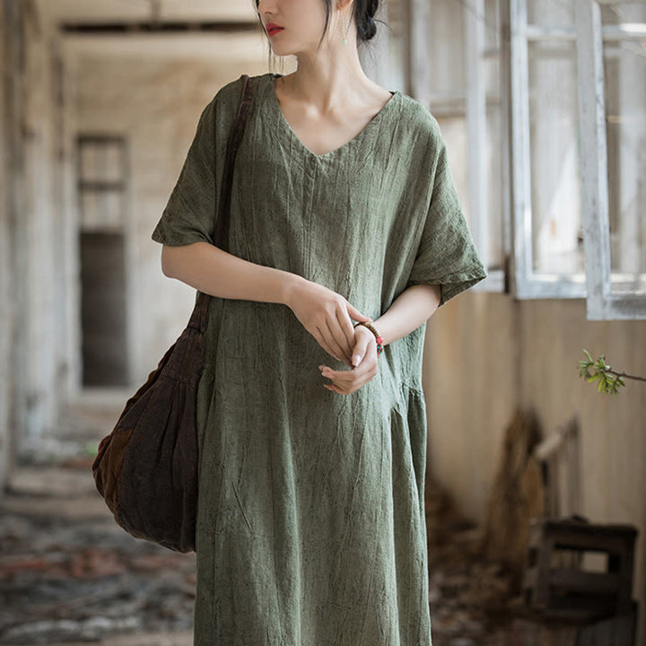 Buddha Stonesハンドメイド タイダイ Vネック ミディドレス リネン 半袖ドレス