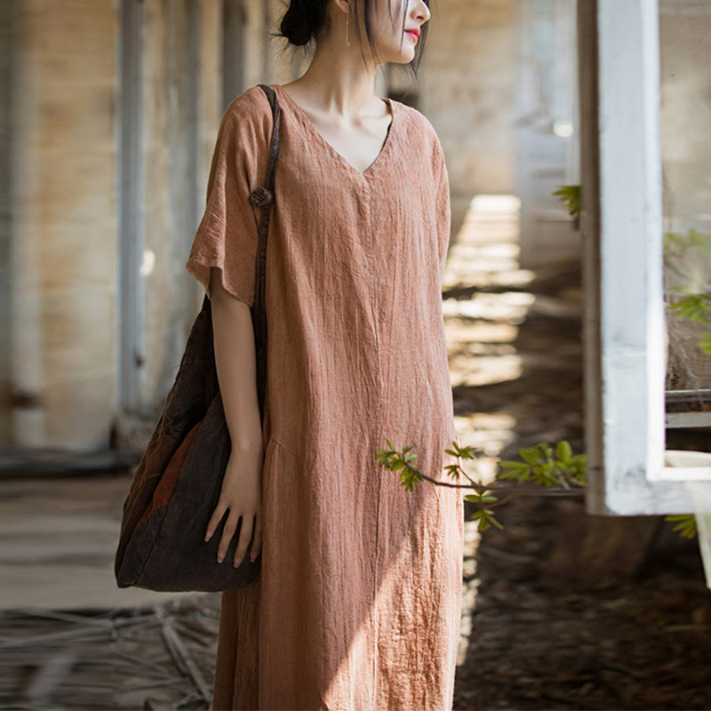 Buddha Stonesハンドメイド タイダイ Vネック ミディドレス リネン 半袖ドレス