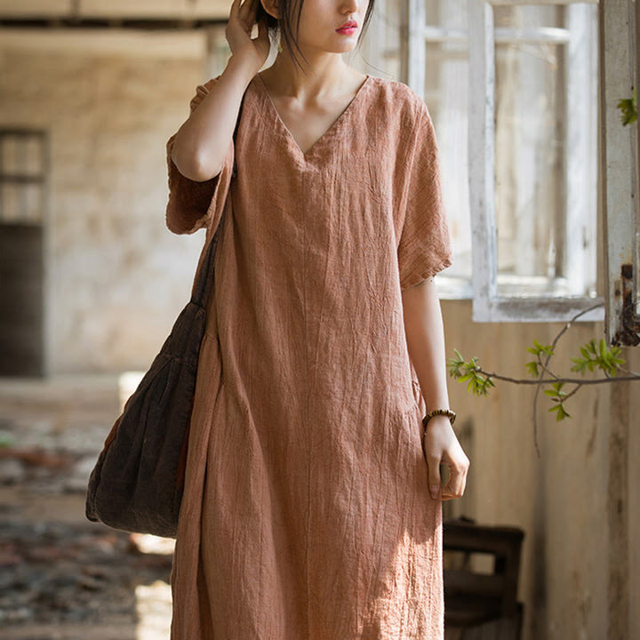 Buddha Stonesハンドメイド タイダイ Vネック ミディドレス リネン 半袖ドレス