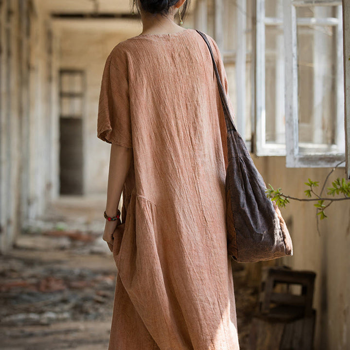 Buddha Stonesハンドメイド タイダイ Vネック ミディドレス リネン 半袖ドレス