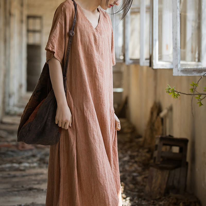 Buddha Stonesハンドメイド タイダイ Vネック ミディドレス リネン 半袖ドレス