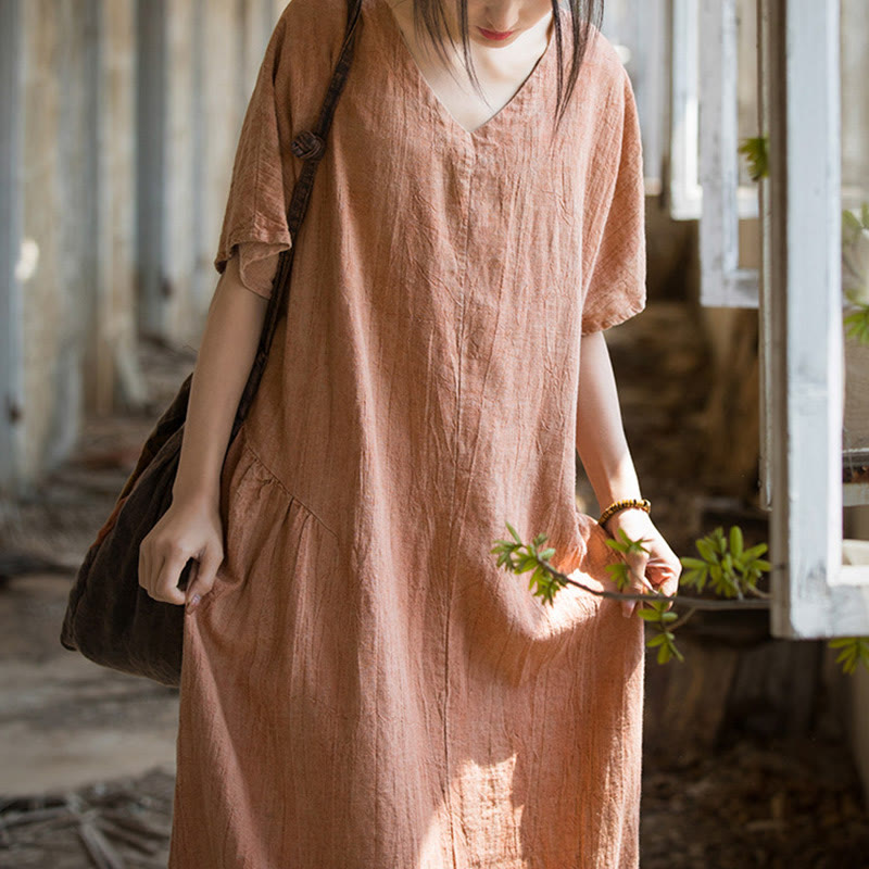 Buddha Stonesハンドメイド タイダイ Vネック ミディドレス リネン 半袖ドレス