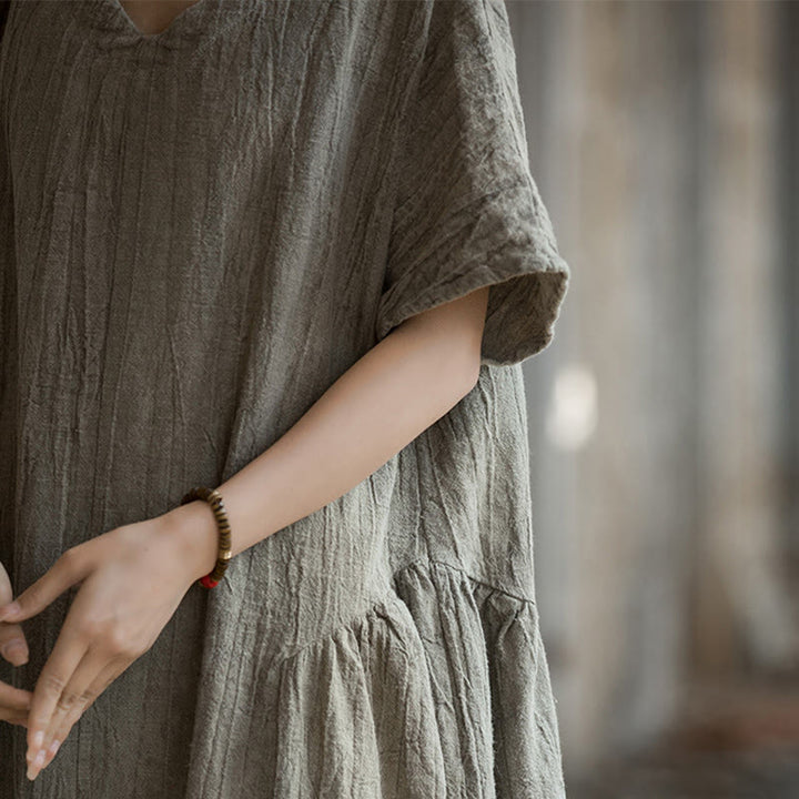 Buddha Stonesハンドメイド タイダイ Vネック ミディドレス リネン 半袖ドレス