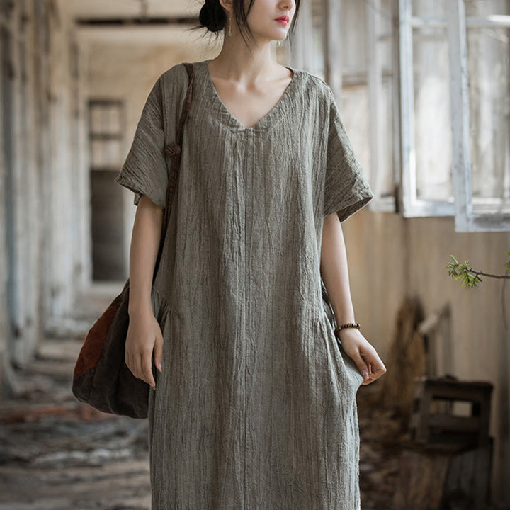 Buddha Stonesハンドメイド タイダイ Vネック ミディドレス リネン 半袖ドレス