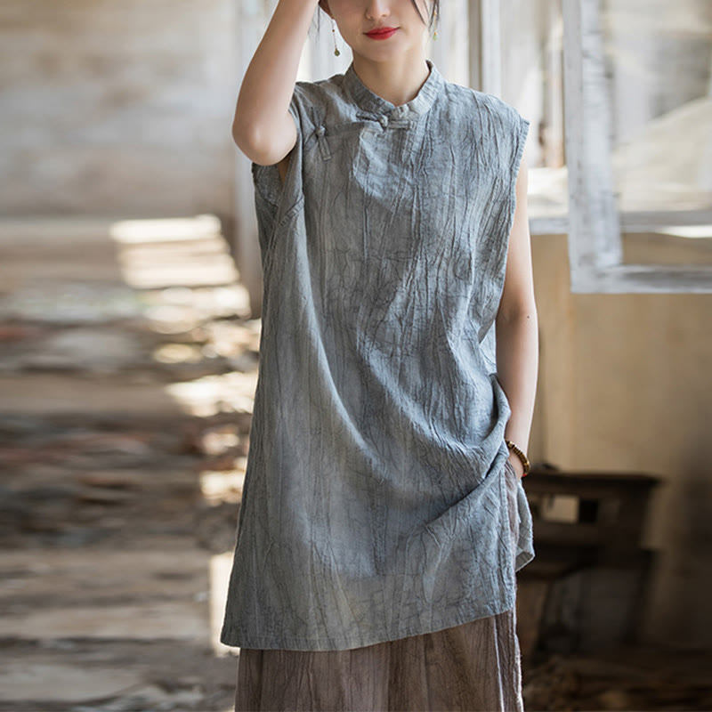 Buddha Stonesハンドメイド タイダイ ラミー リネン フロッグボタン ノースリーブ ベスト