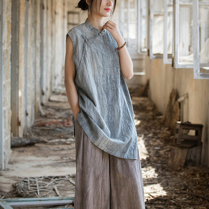 Buddha Stonesハンドメイド タイダイ ラミー リネン フロッグボタン ノースリーブ ベスト