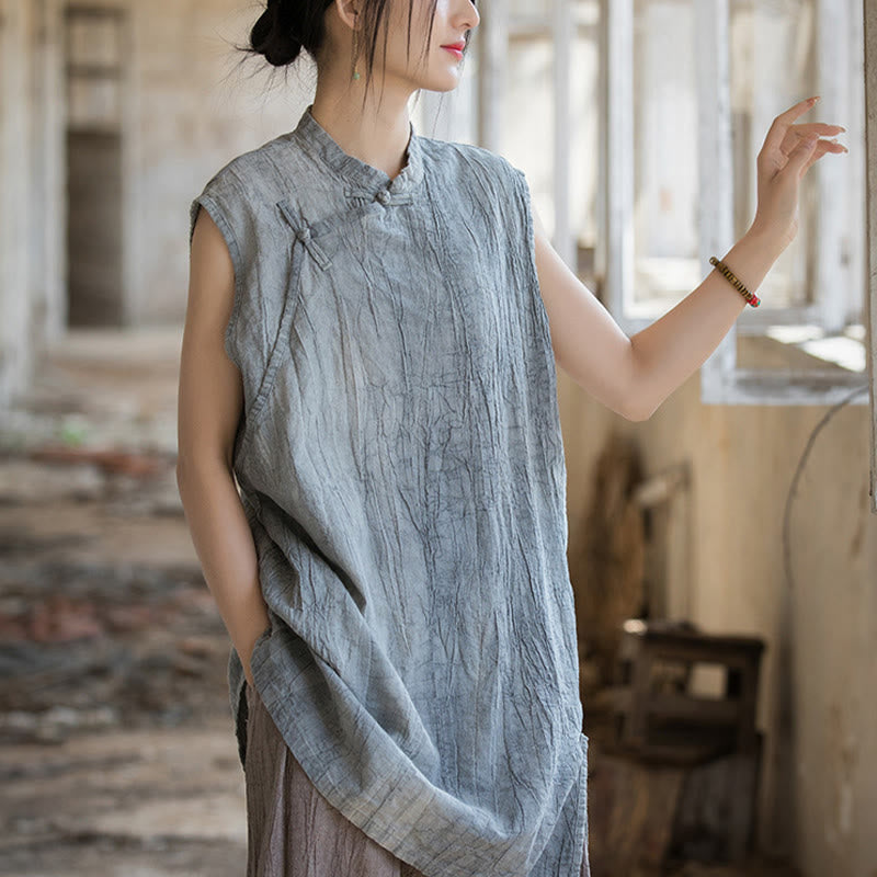 Buddha Stonesハンドメイド タイダイ ラミー リネン フロッグボタン ノースリーブ ベスト