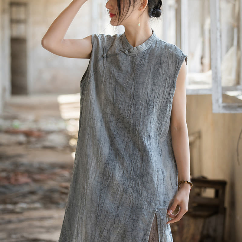 Buddha Stonesハンドメイド タイダイ ラミー リネン フロッグボタン ノースリーブ ベスト