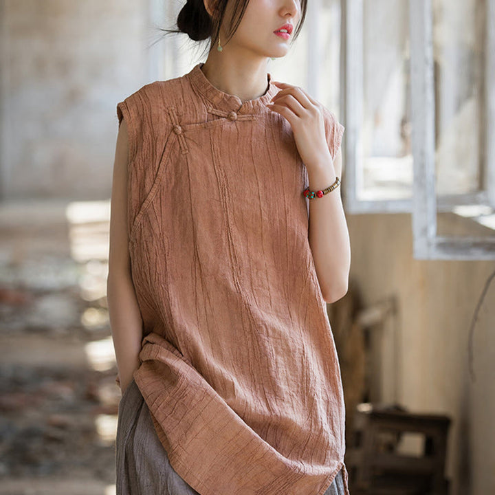 Buddha Stonesハンドメイド タイダイ ラミー リネン フロッグボタン ノースリーブ ベスト