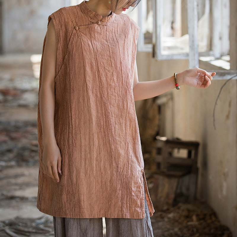 Buddha Stonesハンドメイド タイダイ ラミー リネン フロッグボタン ノースリーブ ベスト