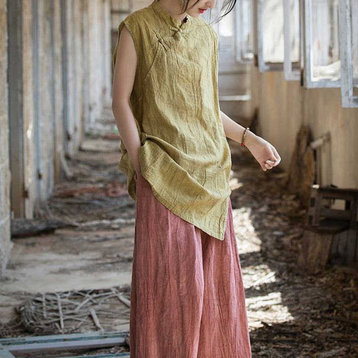 Buddha Stonesハンドメイド タイダイ ラミー リネン フロッグボタン ノースリーブ ベスト