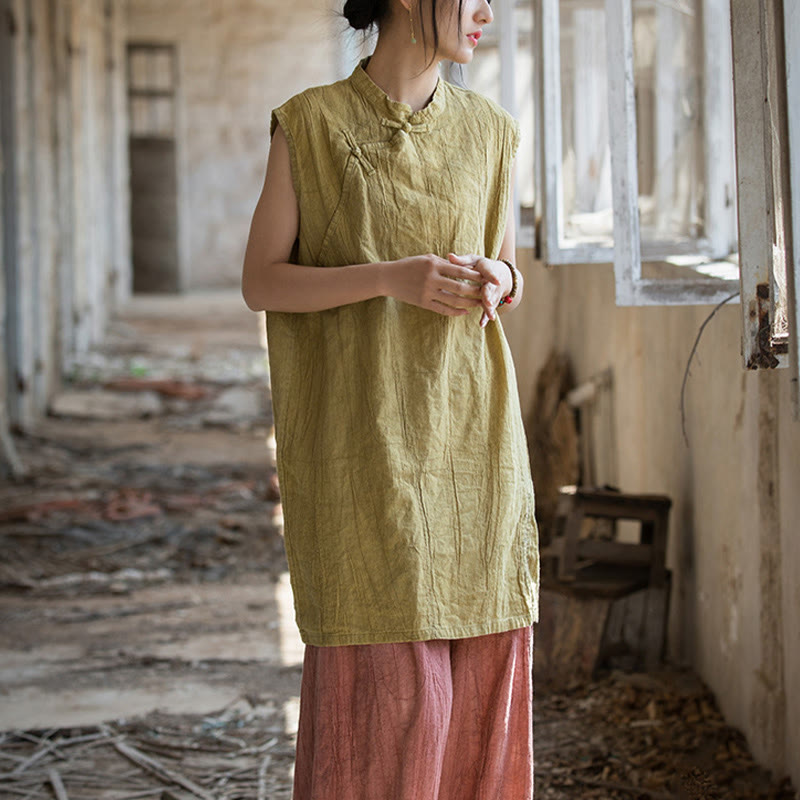 Buddha Stonesハンドメイド タイダイ ラミー リネン フロッグボタン ノースリーブ ベスト