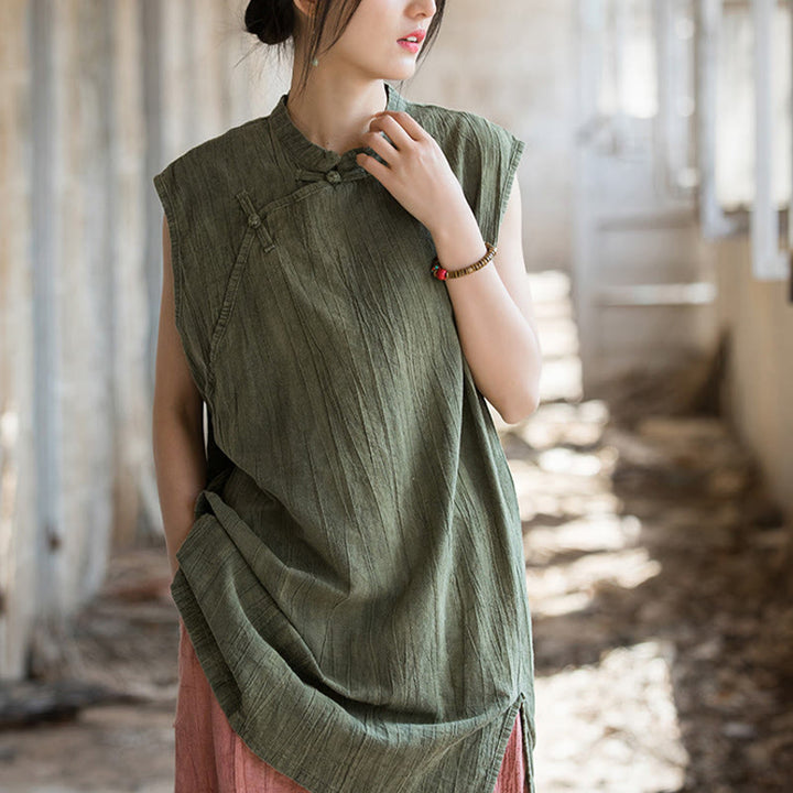 Buddha Stonesハンドメイド タイダイ ラミー リネン フロッグボタン ノースリーブ ベスト