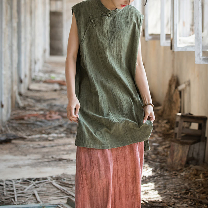 Buddha Stonesハンドメイド タイダイ ラミー リネン フロッグボタン ノースリーブ ベスト