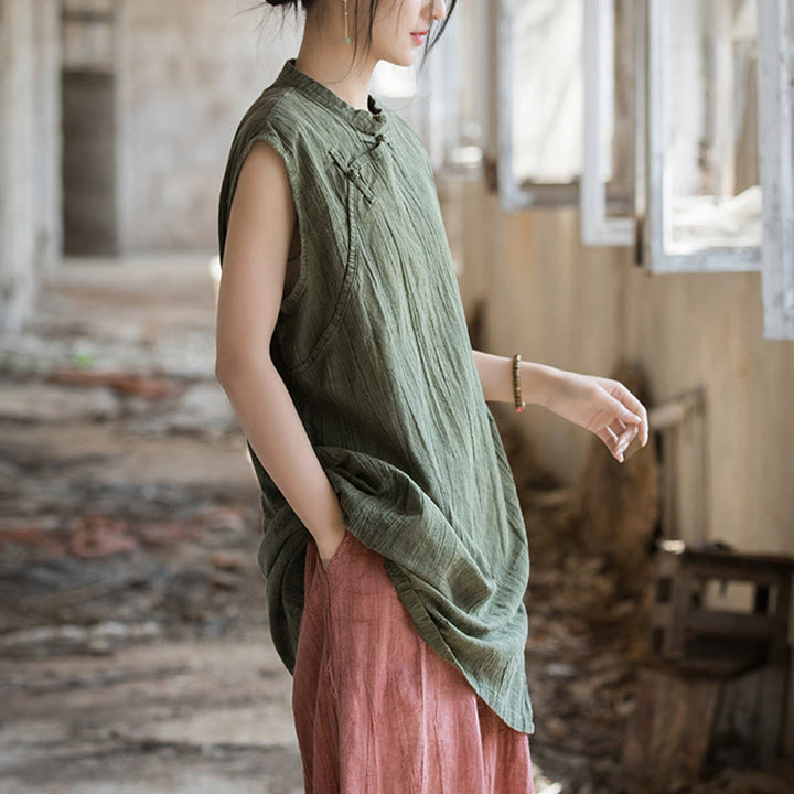 Buddha Stonesハンドメイド タイダイ ラミー リネン フロッグボタン ノースリーブ ベスト