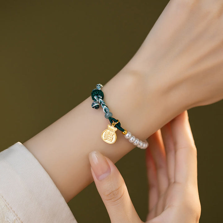 Buddha Stones925 スターリングシルバー 福文字 福袋 パール 和田翡翠 知恵ロープブレスレット