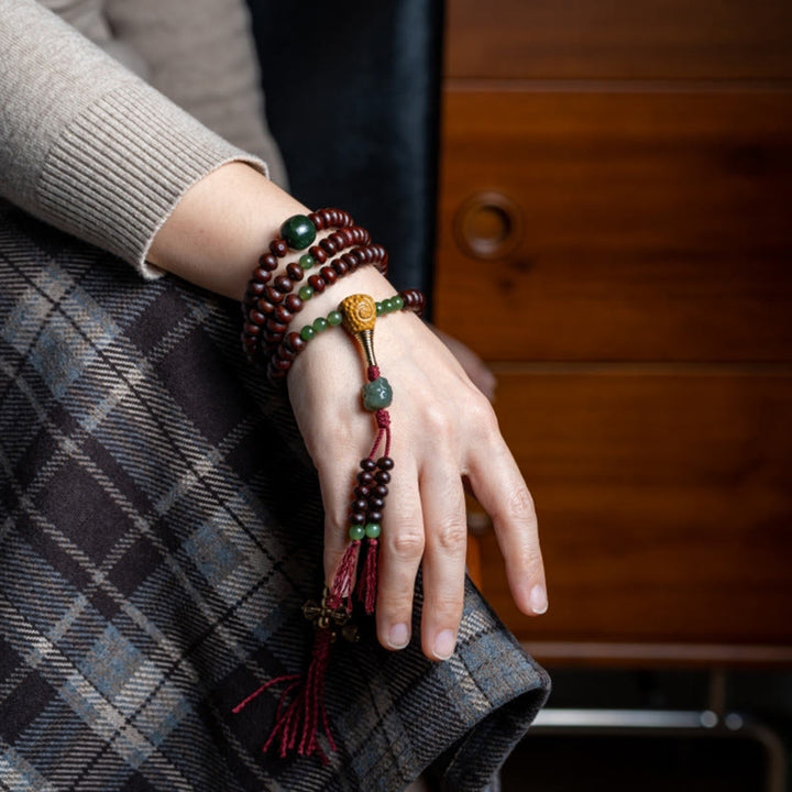 Buddha Stones天然チベット 108 個入りMalaビーズ 紫菩提樹 和田翡翠 銅製 ドルジェ 平和ブレスレット