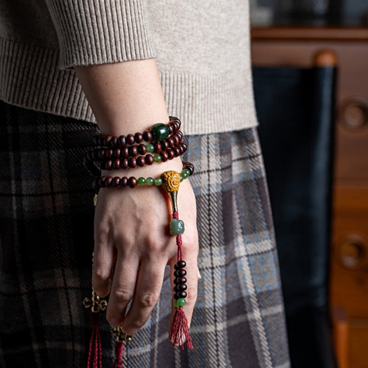 Buddha Stones天然チベット 108 個入りMalaビーズ 紫菩提樹 和田翡翠 銅製 ドルジェ 平和ブレスレット