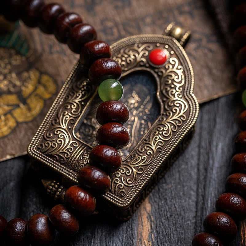 Buddha Stones天然チベット 108 個入りMalaビーズ 紫菩提樹 和田翡翠 銅製 ドルジェ 平和ブレスレット