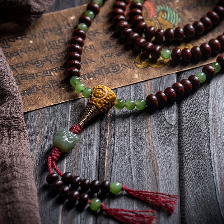 Buddha Stones天然チベット 108 個入りMalaビーズ 紫菩提樹 和田翡翠 銅製 ドルジェ 平和ブレスレット