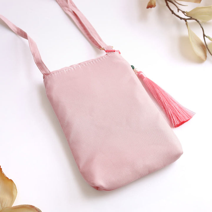 Buddha Stonesの小さな刺繍の花のクロスボディバッグ、ショルダーバッグ、二重層携帯電話バッグ