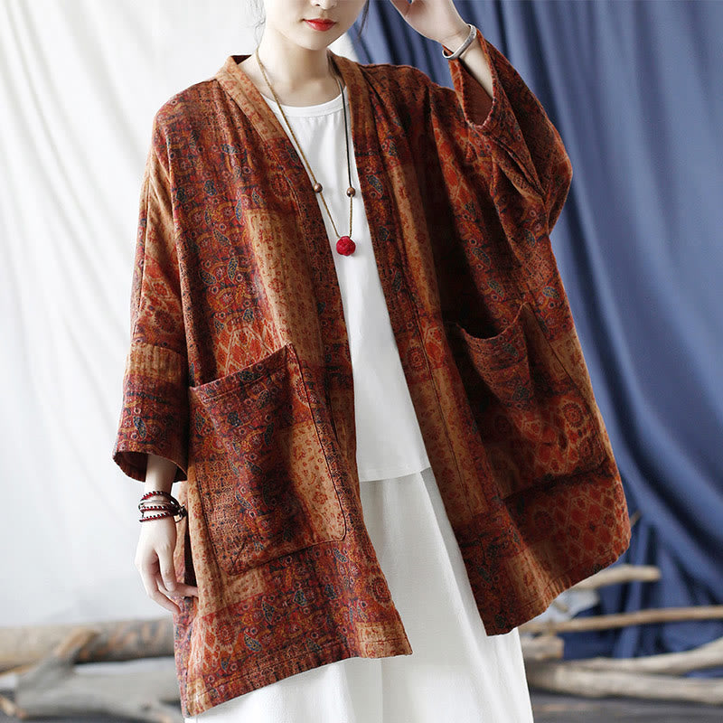 Buddha Stonesオレンジフラワージオメトリックプリントコットンオープンフロントジャケット(ポケット付き) - image 19