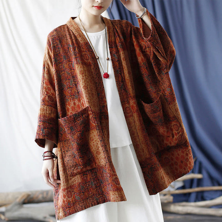 Buddha Stonesオレンジフラワージオメトリックプリントコットンオープンフロントジャケット(ポケット付き) - image 19