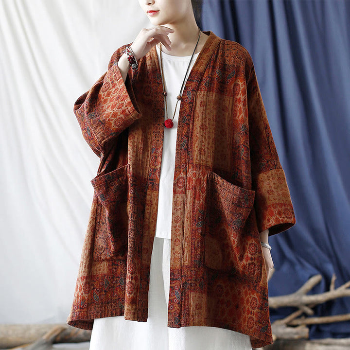 Buddha Stonesオレンジフラワージオメトリックプリントコットンオープンフロントジャケット(ポケット付き) - image 18