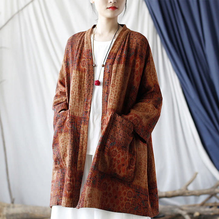 Buddha Stonesオレンジフラワージオメトリックプリントコットンオープンフロントジャケット(ポケット付き) - image 17