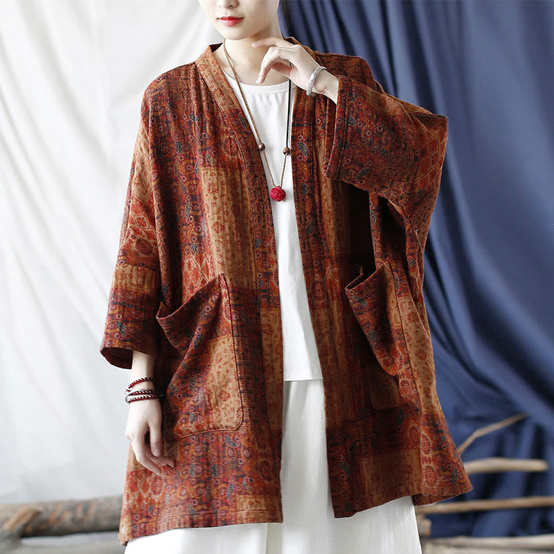 Buddha Stonesオレンジフラワージオメトリックプリントコットンオープンフロントジャケット(ポケット付き) - image 21