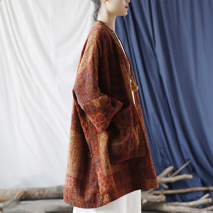 Buddha Stonesオレンジフラワージオメトリックプリントコットンオープンフロントジャケット(ポケット付き) - image 2