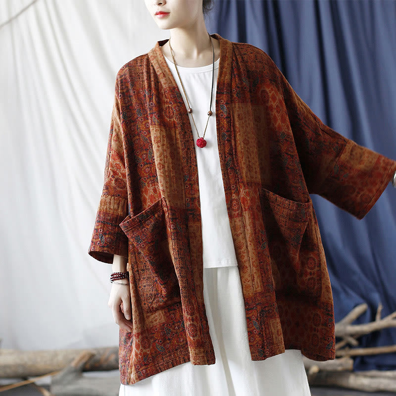 Buddha Stonesオレンジフラワージオメトリックプリントコットンオープンフロントジャケット(ポケット付き) - image 22