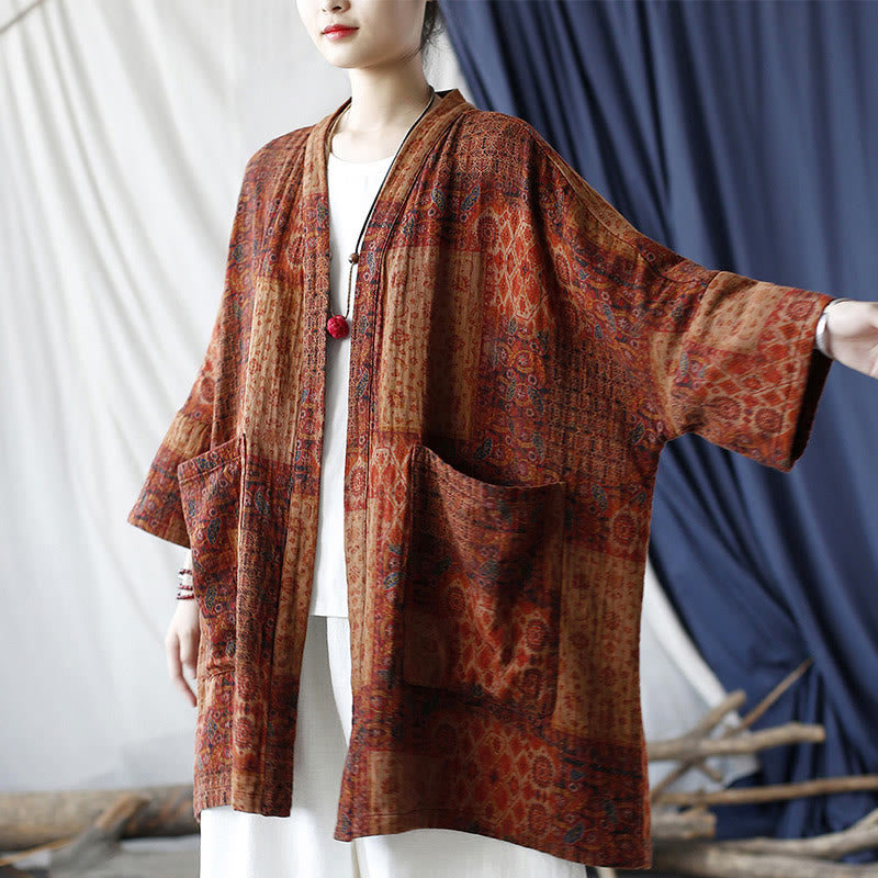 Buddha Stonesオレンジフラワージオメトリックプリントコットンオープンフロントジャケット(ポケット付き) - image 4