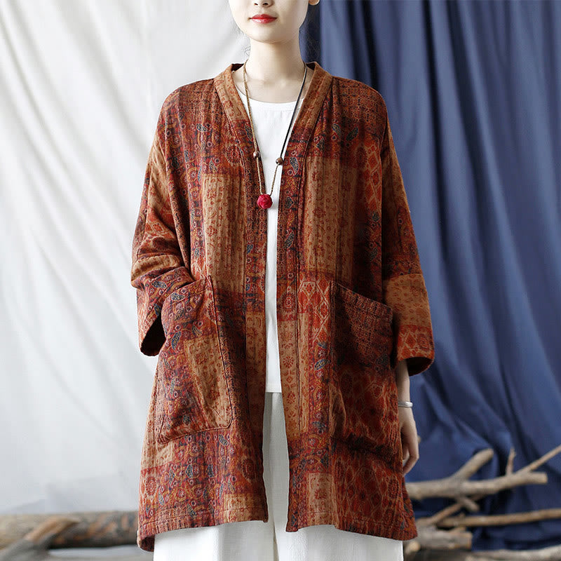 Buddha Stonesオレンジフラワージオメトリックプリントコットンオープンフロントジャケット(ポケット付き) - image 23